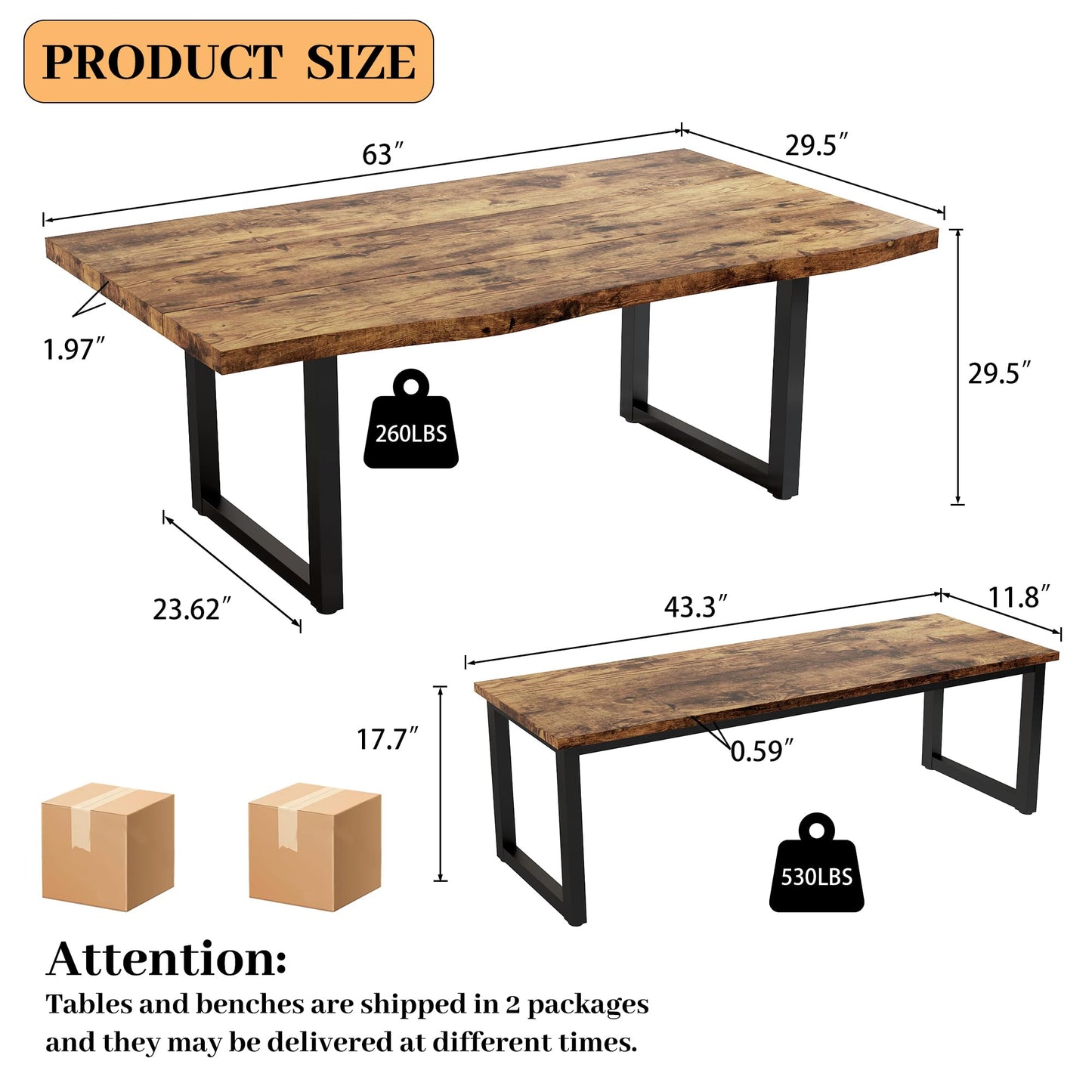 HIPIHOM 63" Dining Table with 2 Benches, Modern Kitchen Table and Chairs Set for 4 to 6 Persons, Thickened MDF Wooden Table for Dining Room, Kitchen