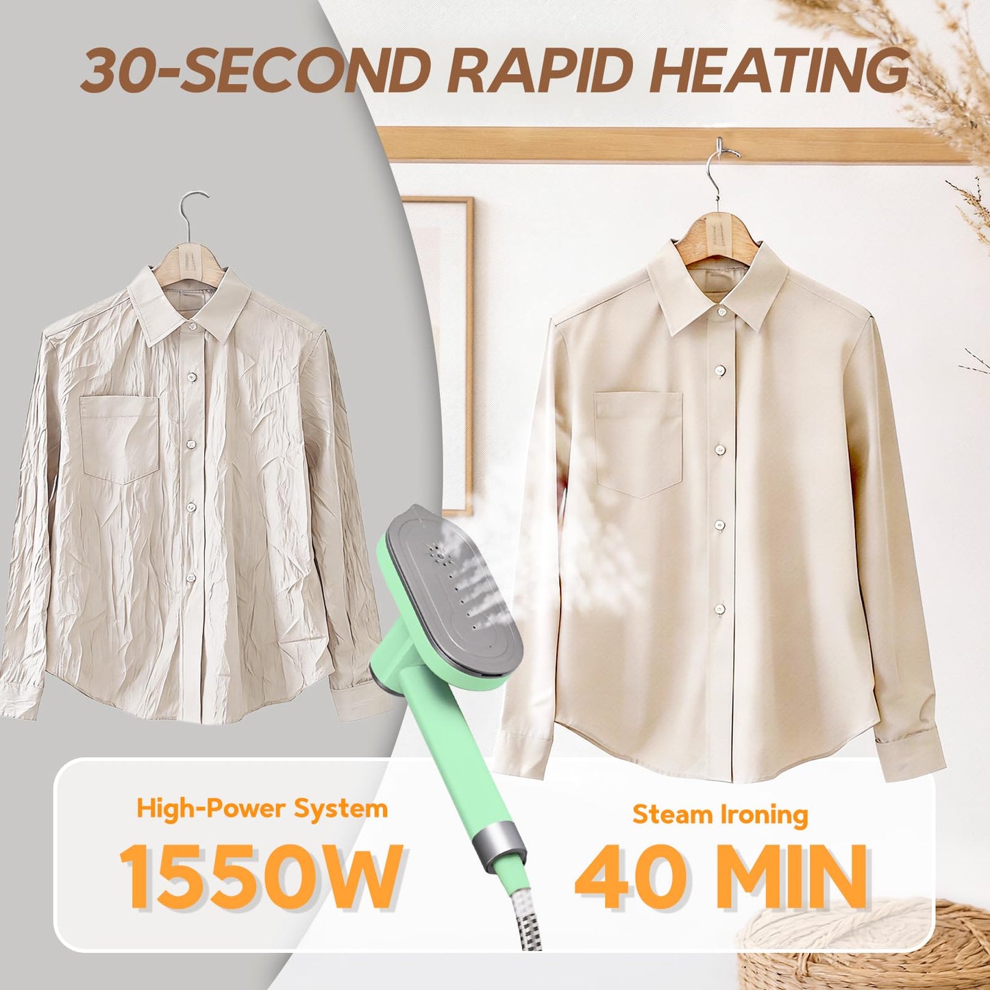 WellMall 2 In 1 Steamer for Clothes: 1550W Powerful Steamer with 1100ml Detachable Tank, 30s Fast Heat-Up, Horizontal & Vertical Use, Portable Wrinkle Remover for Clothes Drapes Bedding (Green)