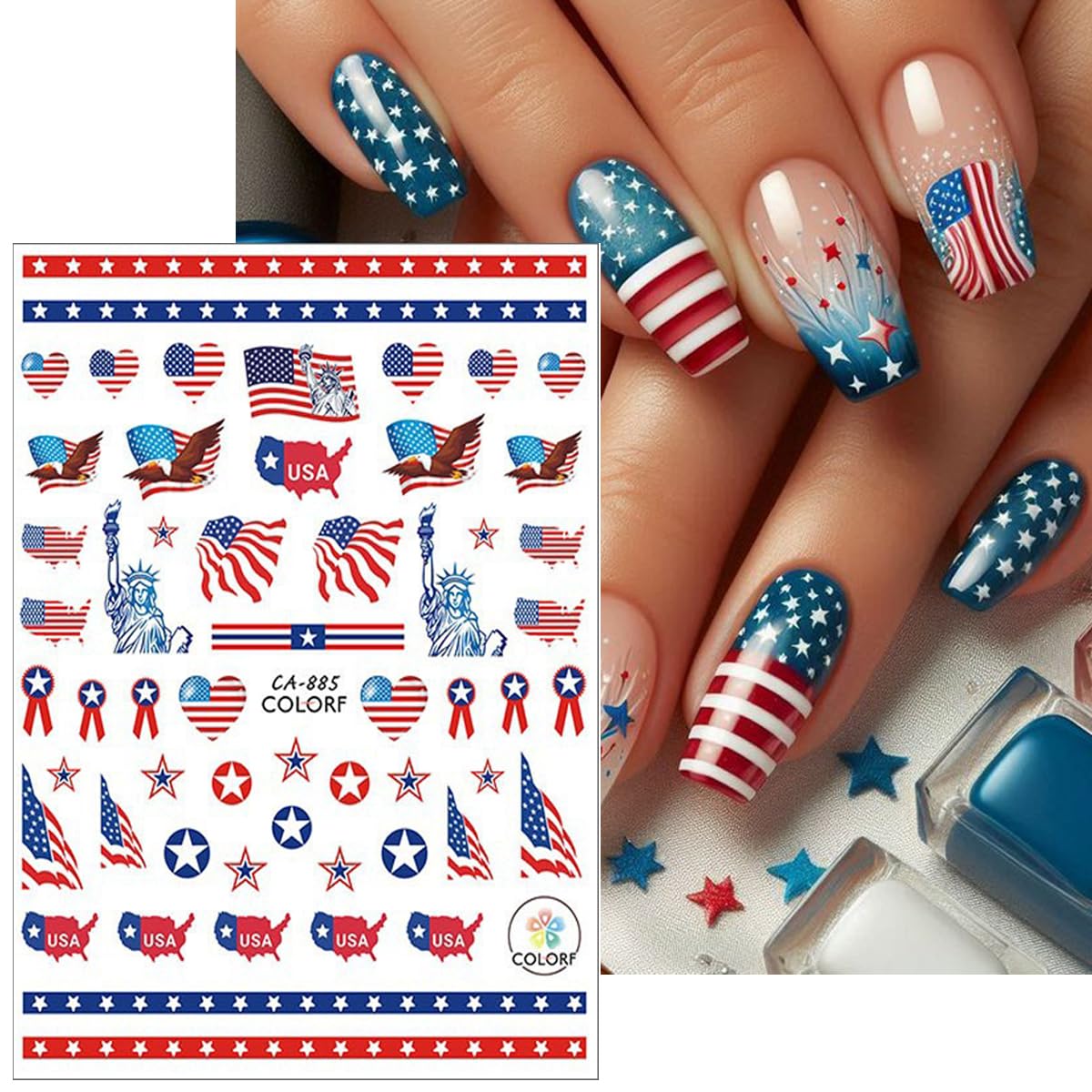 6Pcs Independence Day Nail Stickers for Nail Art - Celebrate 4th of July Nail Decals 3D Self-Adhesive USA Flags Heart Star Bow Eagle Design Firework Sticker for Memorial Day DIY Patriotic Nail Decor