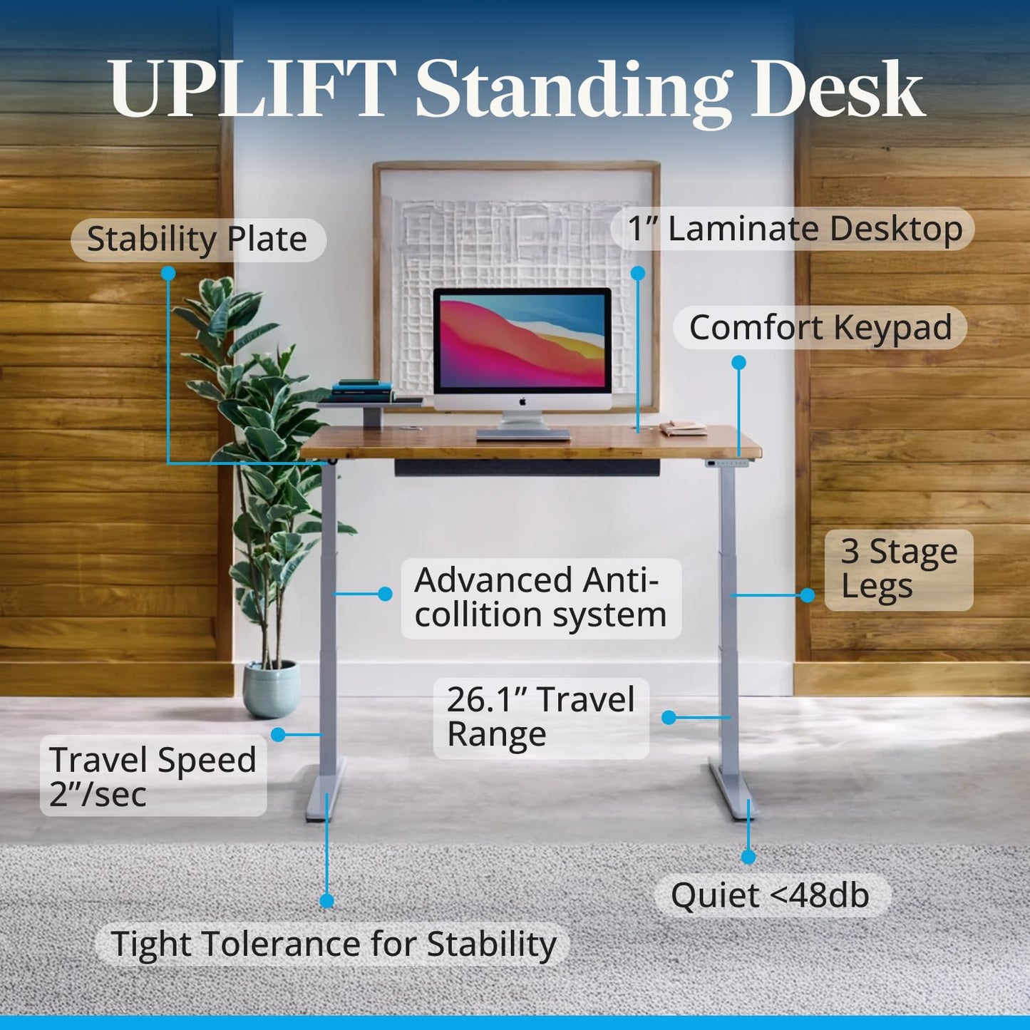 UPLIFTDESK V3 2-Leg Maple Laminate Wood Standing Desk – Adjustable Height, Advanced 1-Touch Memory Keypad, Under Desk Cable Management, Wire Grommets & Rocker Board (Black C-Frame, 72 x 30 inch)