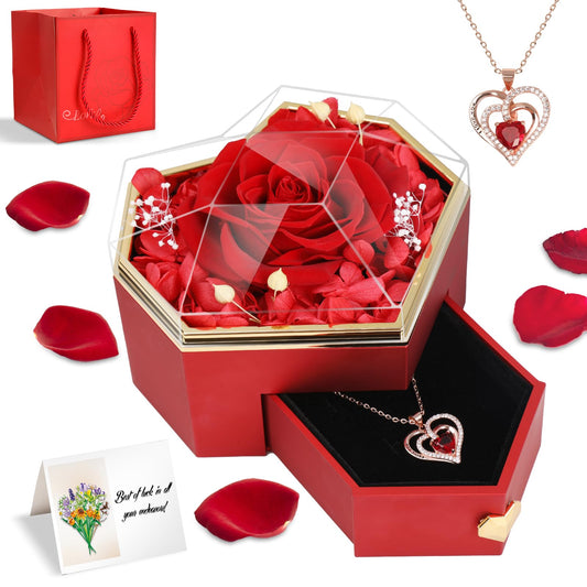 Joniuuca Preserved Real Red Rose Gift Box with Heart Necklace - Eternal Flower Gift for Mothers Day, Girlfriend, Wife, Mom on Valentine's Day, Birthday, Christmas, Anniversary, Thanksgiving(Golden)