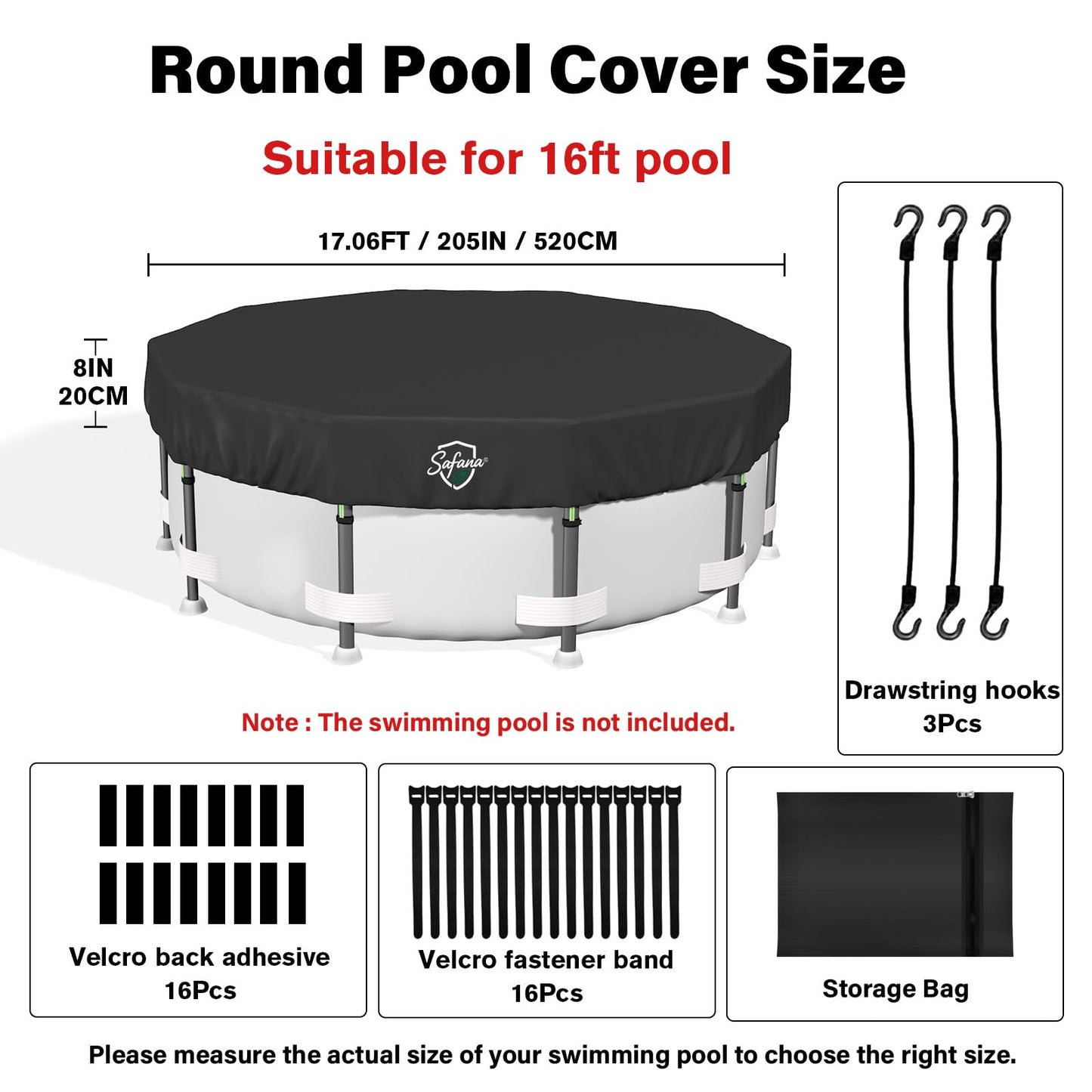 SAFANA 16FT Round Pool Covers for Above Ground Pools, Round Swimming Pool Cover [Upgrade 420D Thicker] Protective Leaf Cover with Reflective Strip, Tear Resistant Durability, UV Resistance, Black