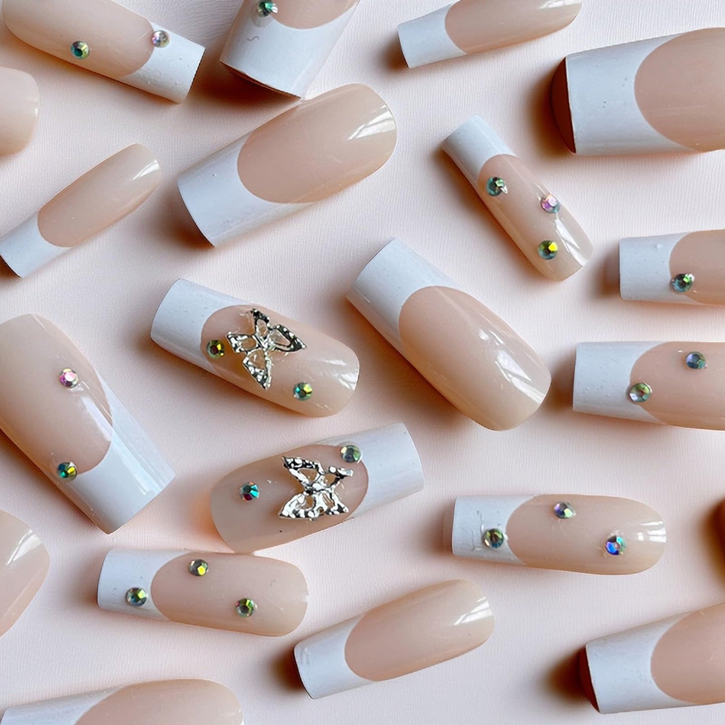 WAFOLOZE Nails Press ons,White French Tip Press on Nails Long Fake/False Nail with Butterfly Nail Charms Press ons Designs Gloss Acrylic Artificial Stick on Nail for Women 24Pcs