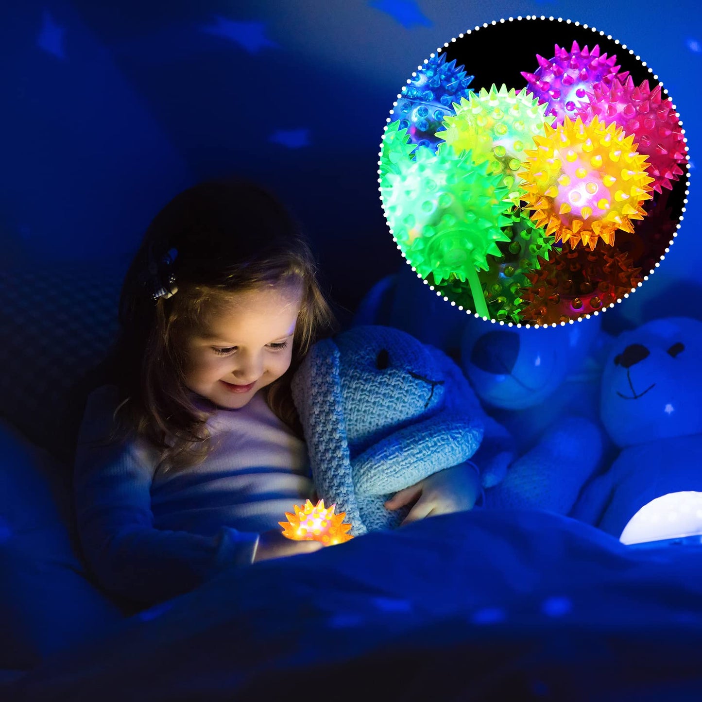 Sotiff 60 Pcs Light up Ball Spiky LED Bouncy Ball Flashing Squeaky Multicolor Puffer Toy Rubber Sensory Toy Carnival Prizes Bulk Party Favors for Teens, Adults, Children