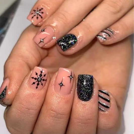 LWTZLW Christmas Press on Nails Black French Tip Short Square False Nails Rhinestones Snowflake Glue on Nail Black Glitter Design Acrylic Fake Nails Winter Artificial Glossy Nail Reusable for Women