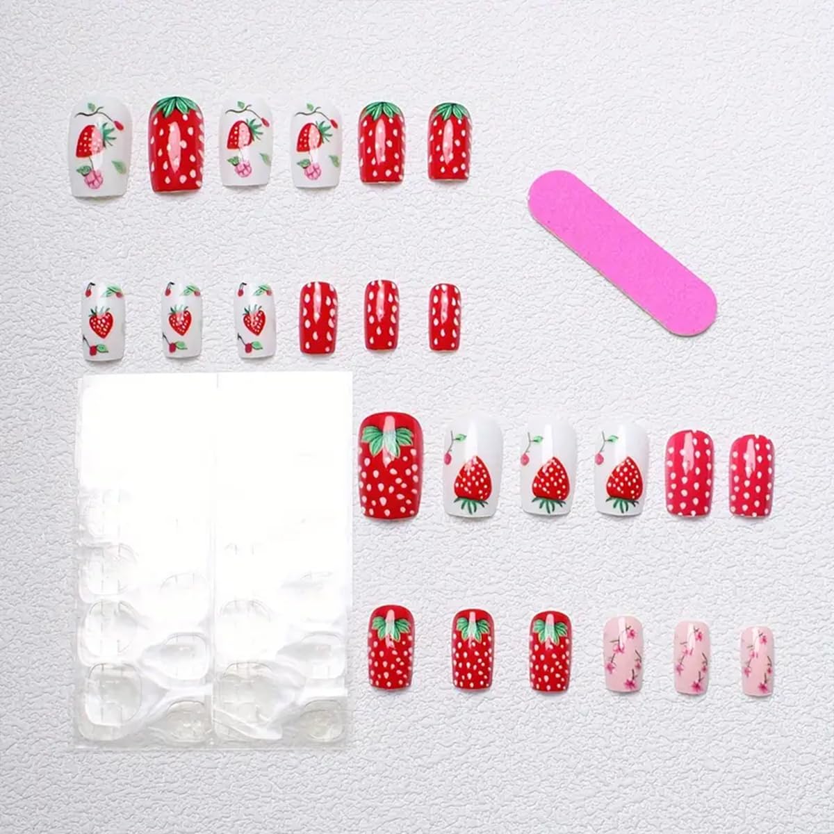 24Pcs Cute Press on Nails Medium Square Fake Nails Red Strawberry False Nails with Flower Design Full Cover Glue on Nail Cute Reusable Acrylic Nails Kit Holiday DIY for Women Girls