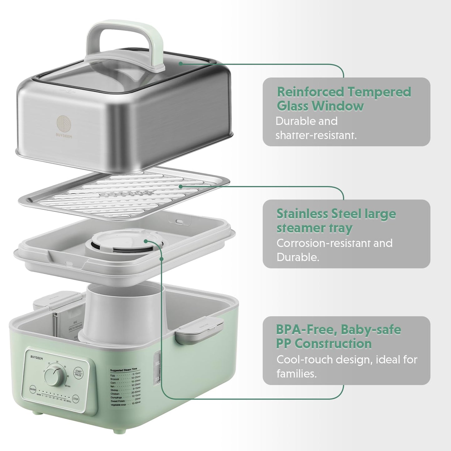 BUYDEEM G52 5.3 Quart Electric Food Steamer for 2-4 Servings, Vegetable Steamer for Cooking, 2-hour Keep Warm, 7 Preset Timings, Dual Boil-Dry Protection, Stainless Steel, Cozy Greenish