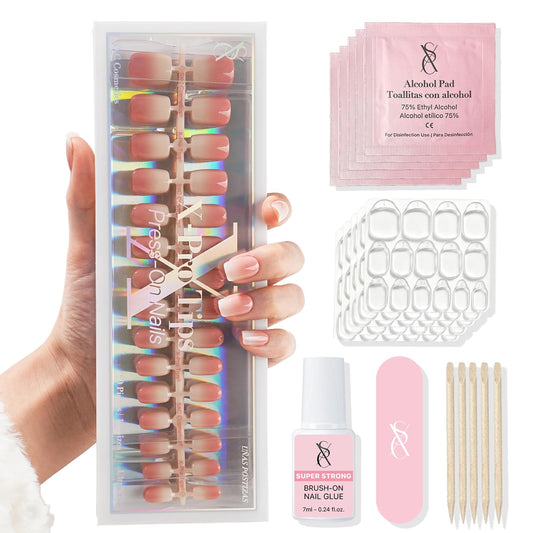 SXC Cosmetics Press On Nails - 001 Amber Ombre | X5 Signature Series - Extra Short Square Fake Nails, Salon Quality Nails 15 Sizes - 150 pieces Nail Kit with Glue