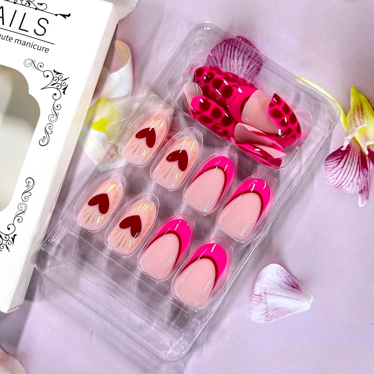 CJDLTS 24Pcs Valentines Press on Nails Short Artificial Acrylic False Nails Oval French Red Love Fake Nail Full Cover Leopard Print Reusable Coffin Artificial Fingernails for Women Festival Manicure