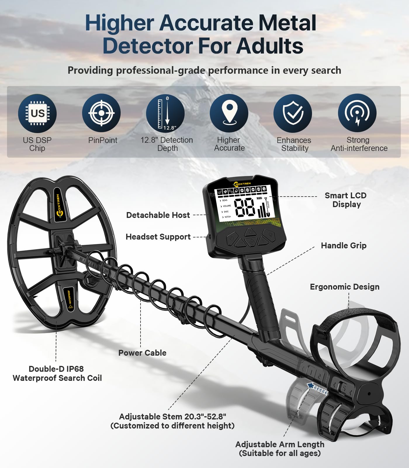 Metal Detector, Professional Metal Detector for Adults With High Accuracy 12.8" IP68 Waterproof Search Coil, Advanced DSP Chip, All Metal & Disc Modes for Beach&Outdoor Treasure Hunting, Gifts for Men