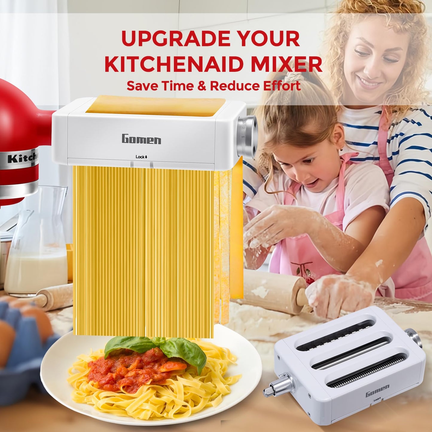 Pasta Maker Attachment for KitchenAid Stand Mixers 3-in-1 Stainless Steel Pasta Roller, Spaghetti/Fettuccine Cutter for KitchenAid Mixer Accessories & Pasta Press by Gomen