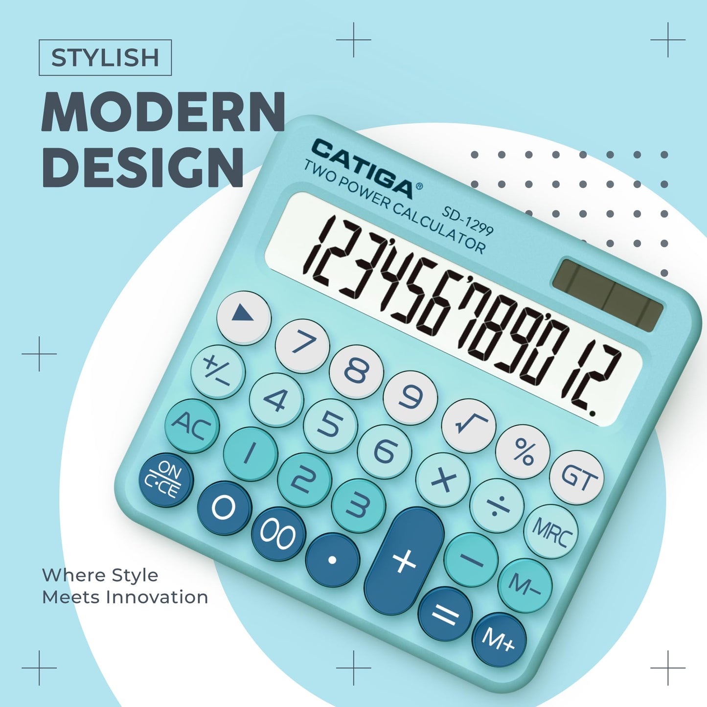 CATIGA Mechanical Switch Calculator with Solar and Battery Dual Power, 12-Digit Large LCD Display, Aesthetic and Cute Desktop Calculator with Big Button, for Home, School and Office Use, SD-1299