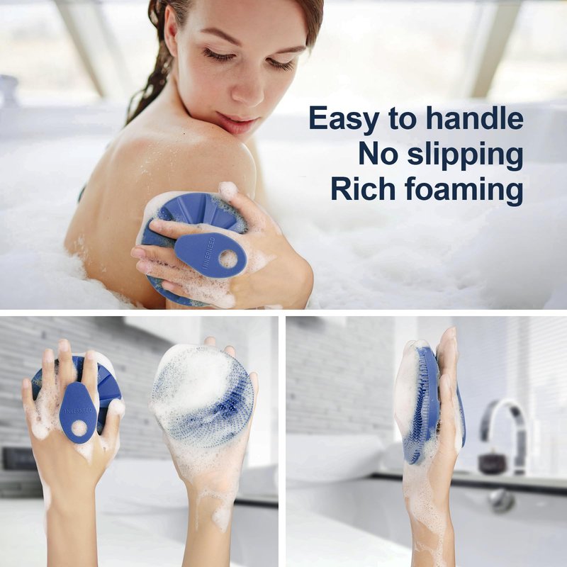 INNERNEED® More Hygienic Silicone Body Scrubber Exfoliating & Massaging Shower Brush, Bathing Tool, for All Skin Types, Lathers Well, Longer Service Life (Dark Blue)