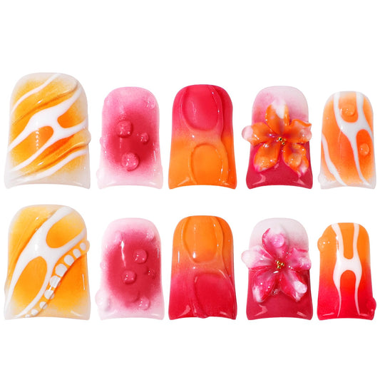 Buleens Handmade Press on Nails Acrylic Duck Nails-10pcs Short Fresh Summer Floral Liquid Marble 3D Fake Nails Kits with Glue