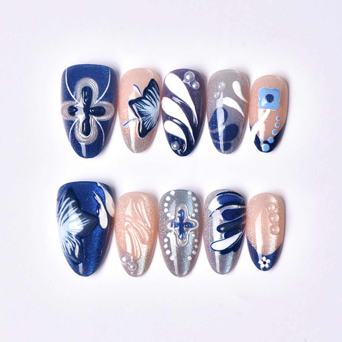 Blue Flower Press on Nails Short Almond Fake Nails 3D Pearls Water Ripples Design Cute Floral False Nails Blue French Nails Cute Stick on Nail Acrylic Nail Full Cover Glue on for Women 30Pcs