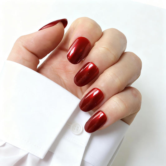 MKM Press On Nails Short - Ruby Red Oval Glossy Fake Nails, Reusable Glue On Nail Kit with Glue, 15 Sizes, Natural Look Acrylic Alternative for Women