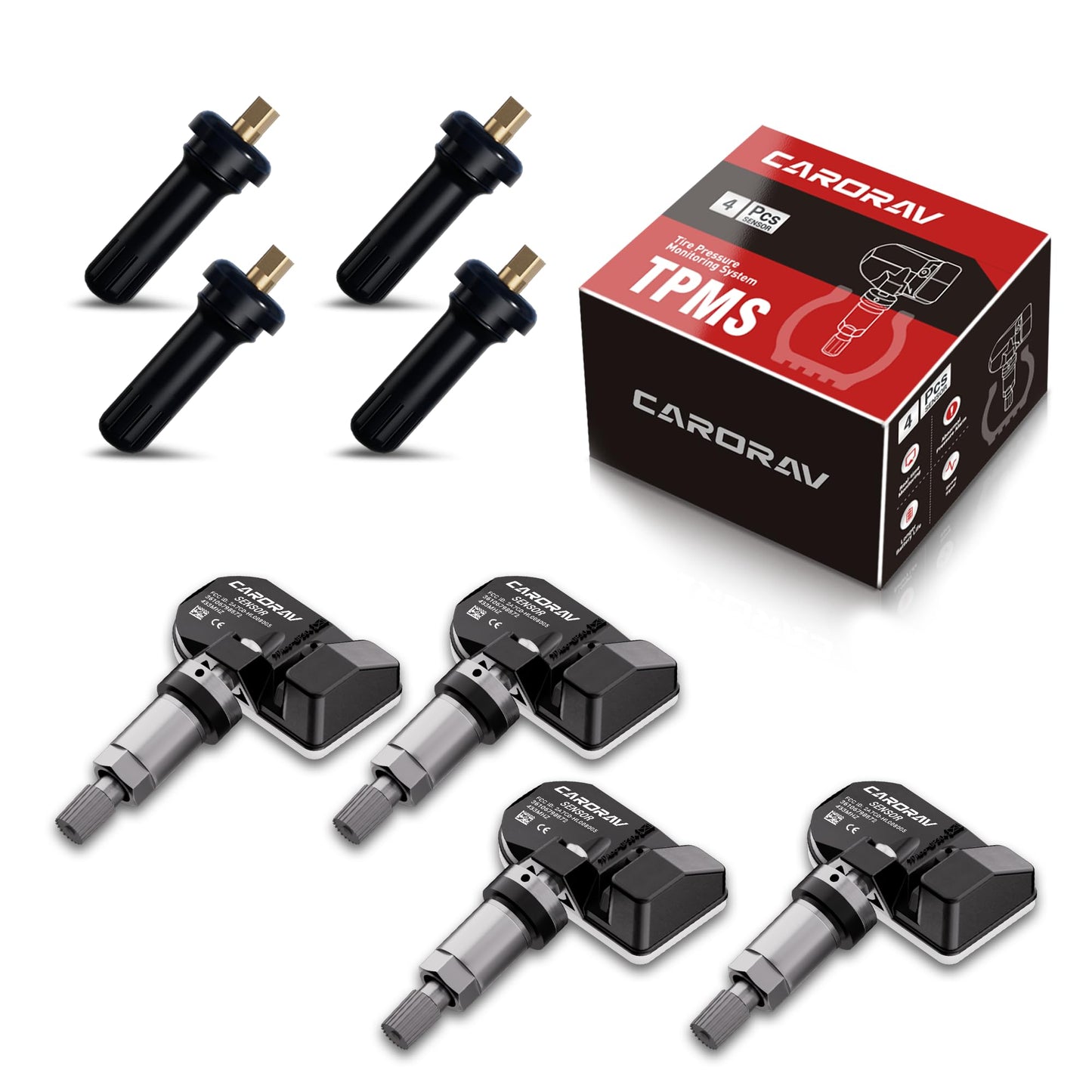 CARORAV 433Mhz Tire Pressure Monitoring System Sensor Compatible for BMW Rolls Royce MINI Ferrari, TPMS Sensor Replaces 36106798872 36106890964 F11001648001B 4 Pack - 4 Replaceable Valve Stems