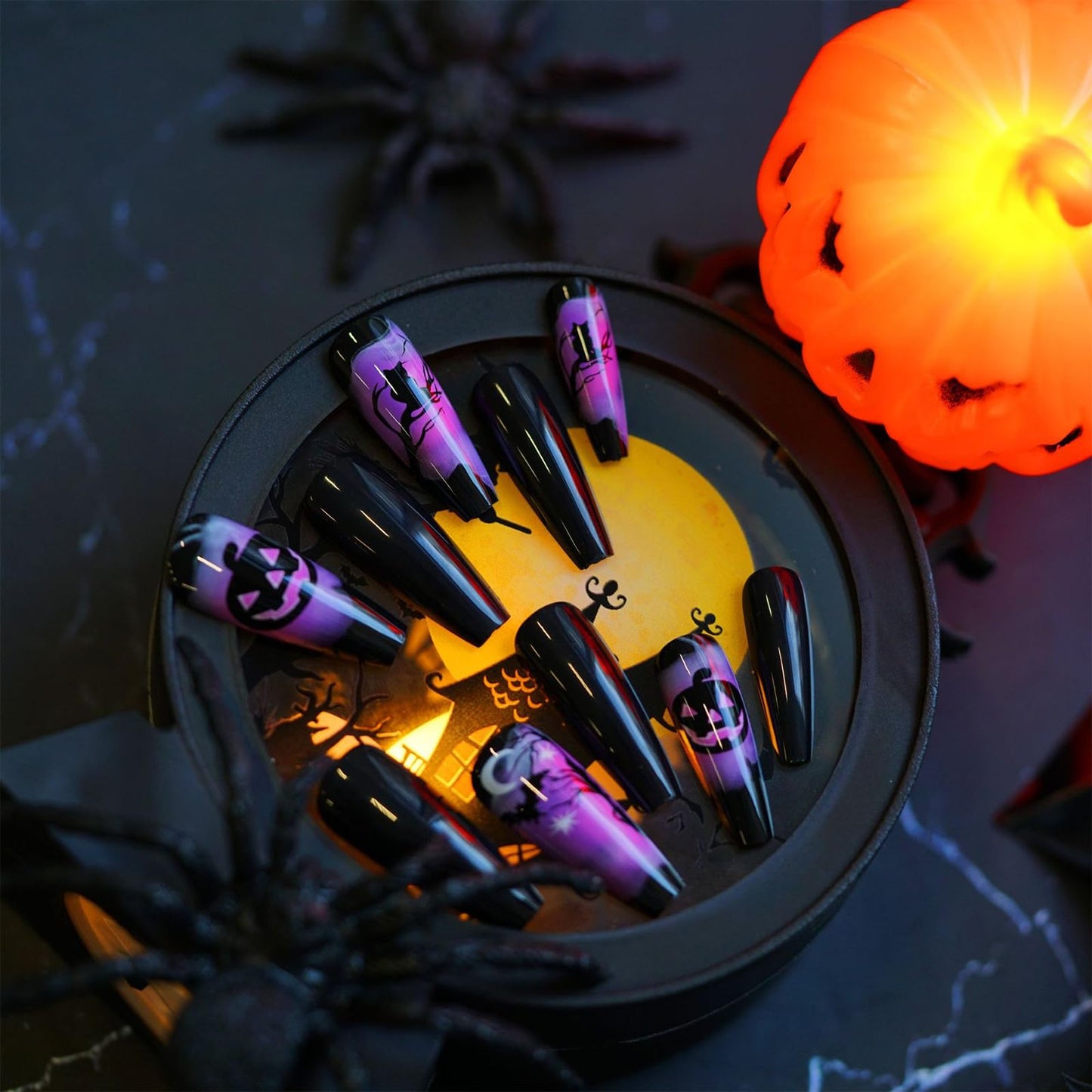 IMSOHOT Press on Nails Long Coffin Fake Nails Black Purple Ombre Glossy Full Cover Ballerina Acrylic False Nails with Pumpkins Designs for Women 24Pcs Stick on Nails