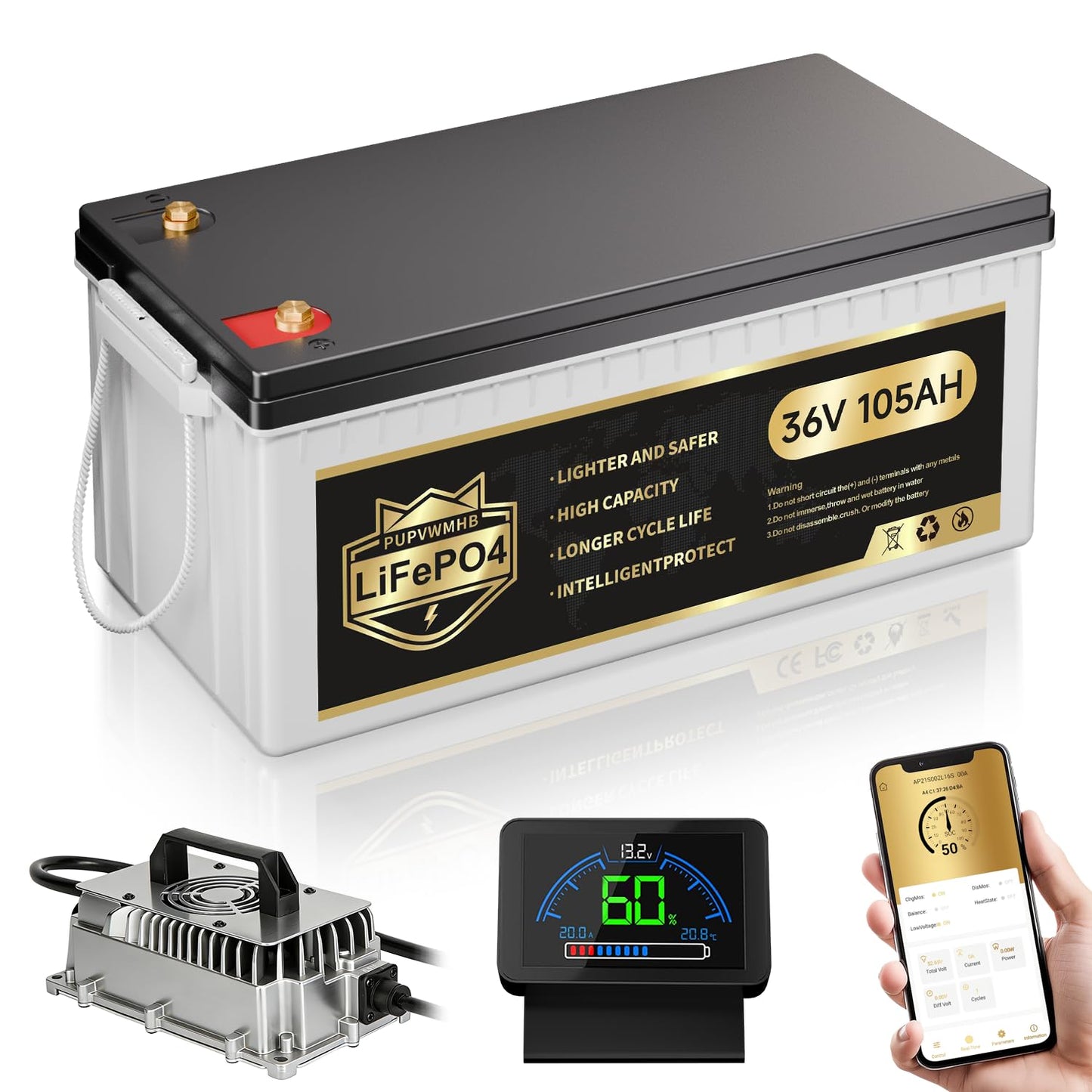 36V 105Ah Lithium Golf Cart Battery, 36 Volt LiFePO4 Battery, built-in Bluetooth 200A BMS and LCD display, IP65, with 43.8V 25A lithium battery charger, perfect for golf carts,Trolling Motor