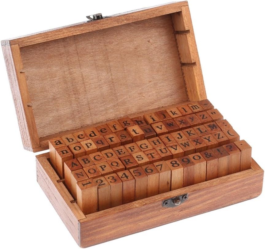 70 pcs Wooden Rubber Stamps Number and Alphabet Letter Wood Rubber Stamps Set Wooden Rubber Number Letter,Stamper Seal Set with Wooden Box Vintage DIY