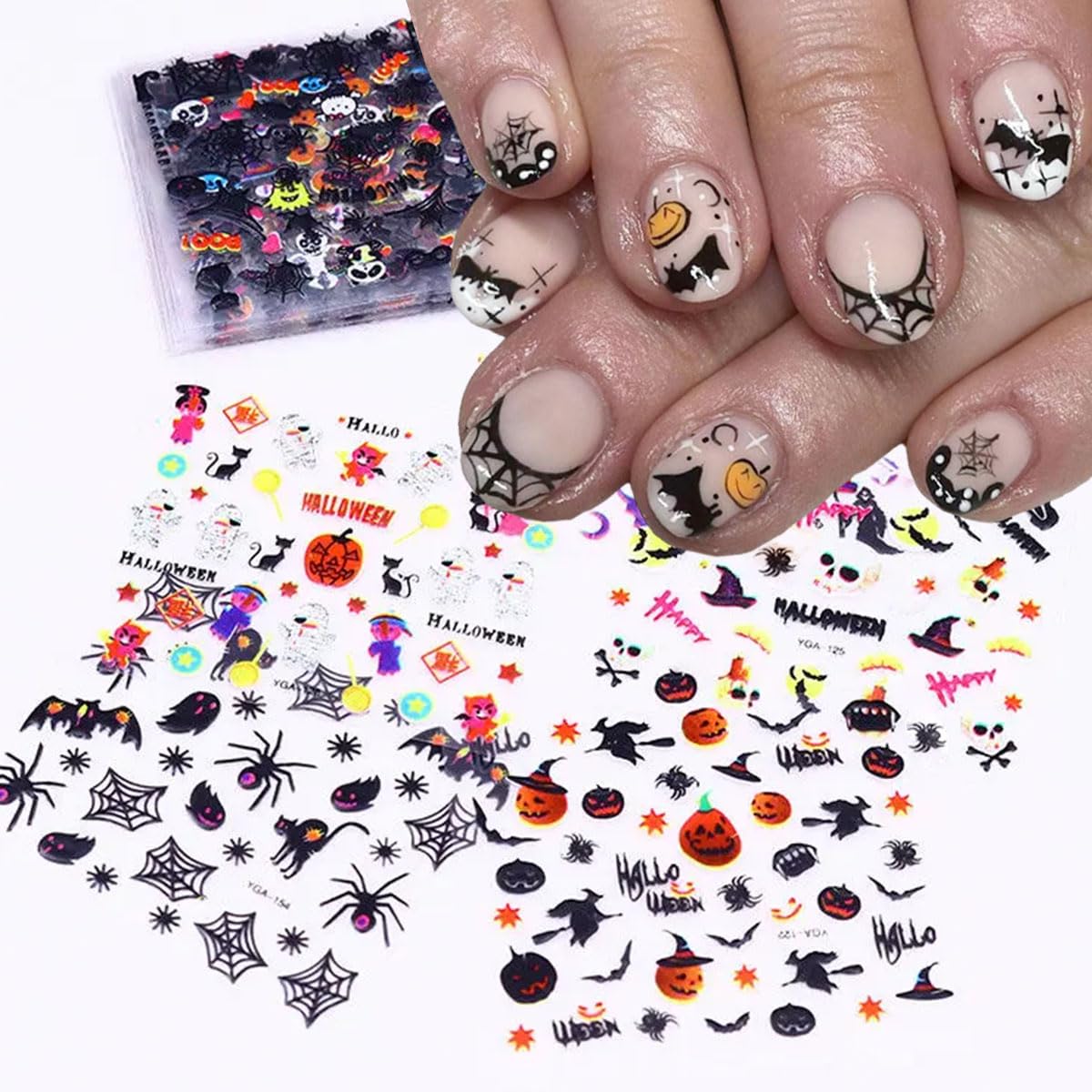 24 Sheets Halloween Nail Art Stickers 3D Self-Adhesive Nail Decals Ghost Pumpkin Bat Cat Skull Nail Designs Sticker Spooky Witch Spider Ghost Nail Stickers for Women Girls Acrylic Manicure Supplies