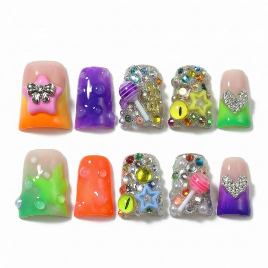Luxury Colorful Handmade Press on Nails Duckbill Mediu Fake Nails with 3D Candy Rhinestones Design False Nails Embossed Reusable Full Cover Glue on Nail for Women Manicure 10Pcs (Size M)