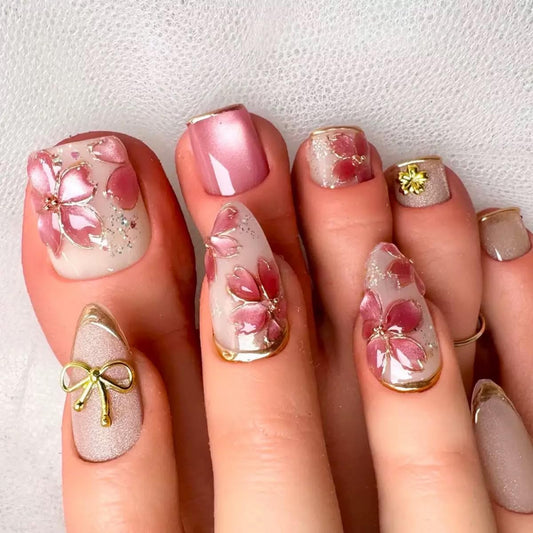 48Pcs Almond Press on Nails & Press on Toenails Set, Medium Press on Nails, Gold French Tip Press on Toenails with Flower Bow Design Fake Nails for Women Manicure Kit