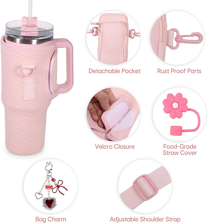 &And Per Se Water Bottle Shoulder Bag for Women, Neoprene Carrier with Phone Pocket & Pink Charm, Adjustable Crossbody Strap Fits Stanley 40oz Tumblers, Gift for Her (Pink)