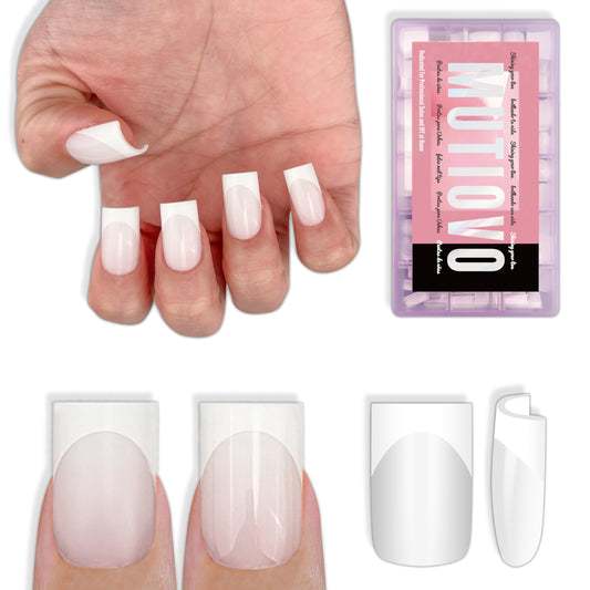 MUTIOVO Short Square Nail Tips – 150Pcs Milky White French Tip Press on Nails, Short Straight Square Soft Gel Fake Nails, Pre-Designed White Tip with Semi-Translucent Milky Base for Home DIY