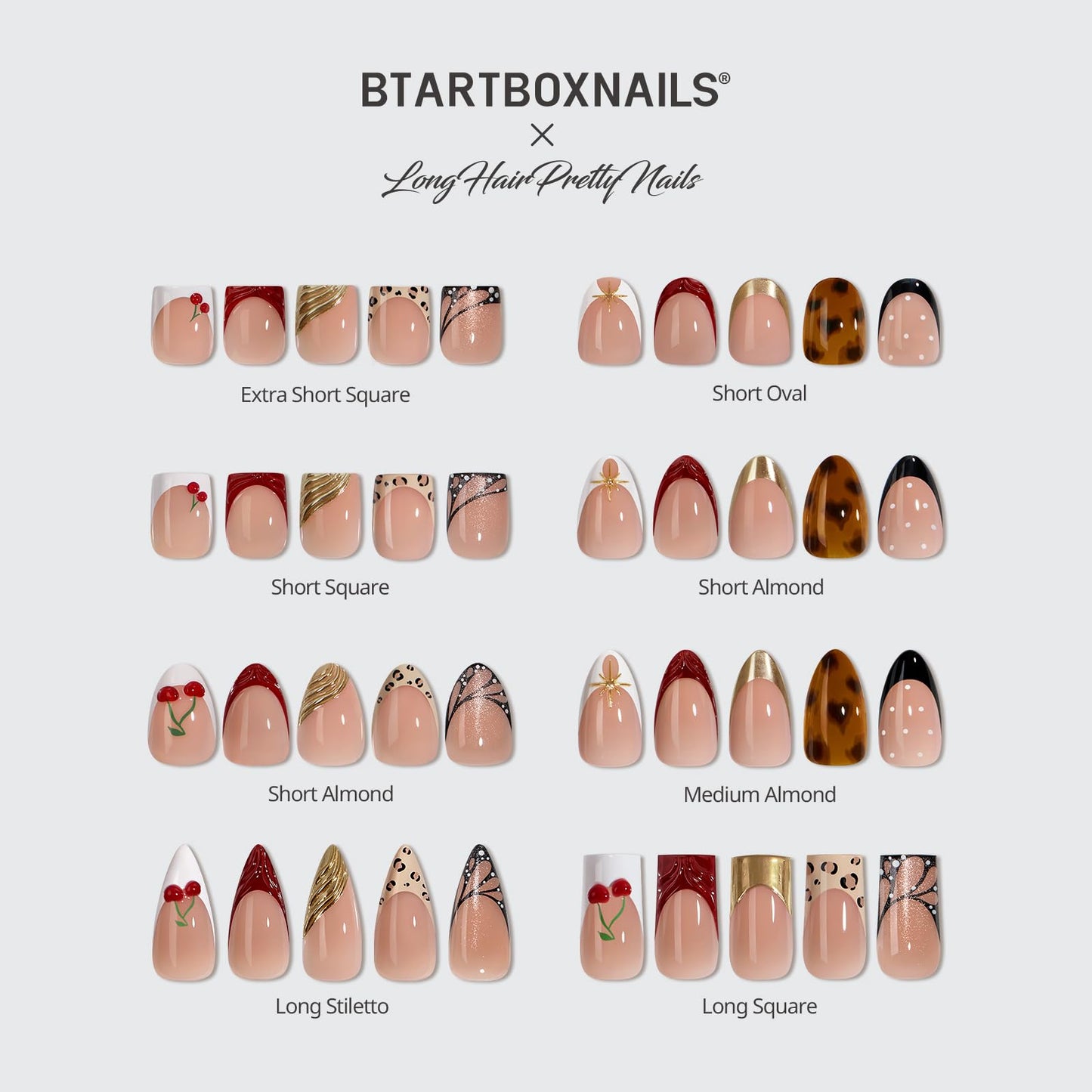 BTArtboxnails X LONGHAIRPRETTYNAILS Press On Nails - Whispers of Glamour, 5 Designs Mix Match Short Oval French Tip Press On Nails, 160 Pcs Salon Quality Soak Off Soft Gel Nail Tips in 16 Sizes