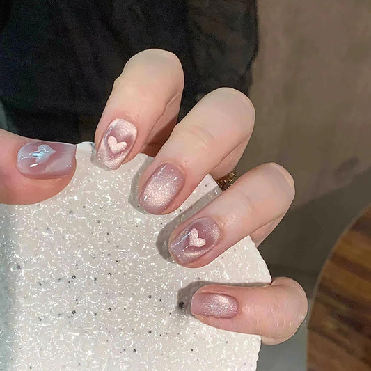 FIEONCIY Press on Nails Short Square Shaped Glossy Full Cover Acrylic Extra Short Square False Nails with Love Heart Designs Artificial Fake Nails Glue Stick ons Fingernails for Women Girls(MY021)