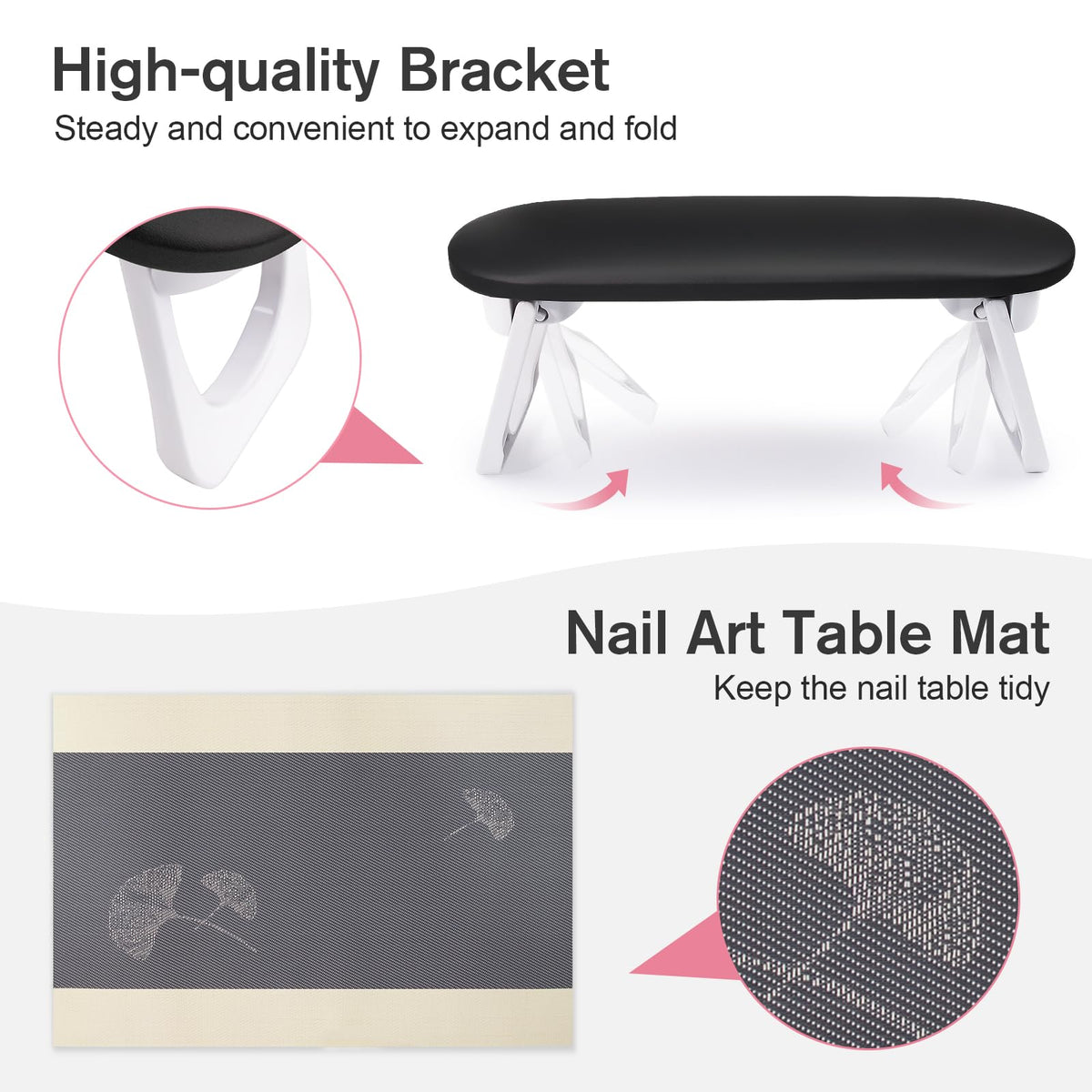 Subay Nail Arm Rest, Foldable PU Leather Manicure Hand Rest for Acrylic Nails Cushion Hand Holder, Nail Arm Rest Pillow Nail Art Tool for Nails Tech Manicure Pedicure Salon Home Use - Black