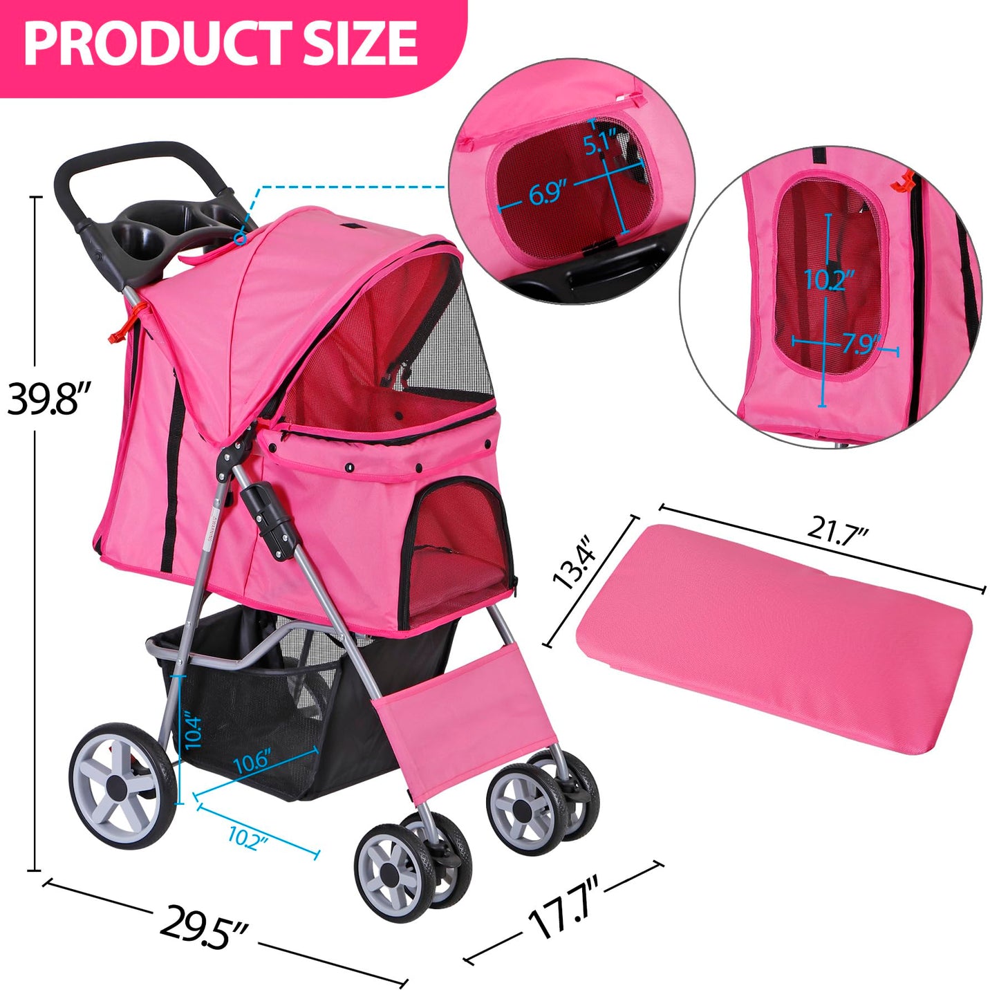 LEMY Foldable Pet Stroller,4 Wheels Cat/Dog Stroller with Weather Cover for Small/Medium Dogs and Cats,Pink Pet Strolling Cart with Storage Basket and Cup Holder