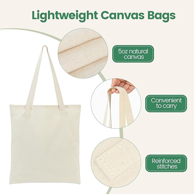 Carbrea 24 Pack Canvas Tote Bag - Lightweight Thin Tote Bags Bulk Blank Shopping Reusable Grocery Bags for DIY Gift Sublimation Activity - Beige