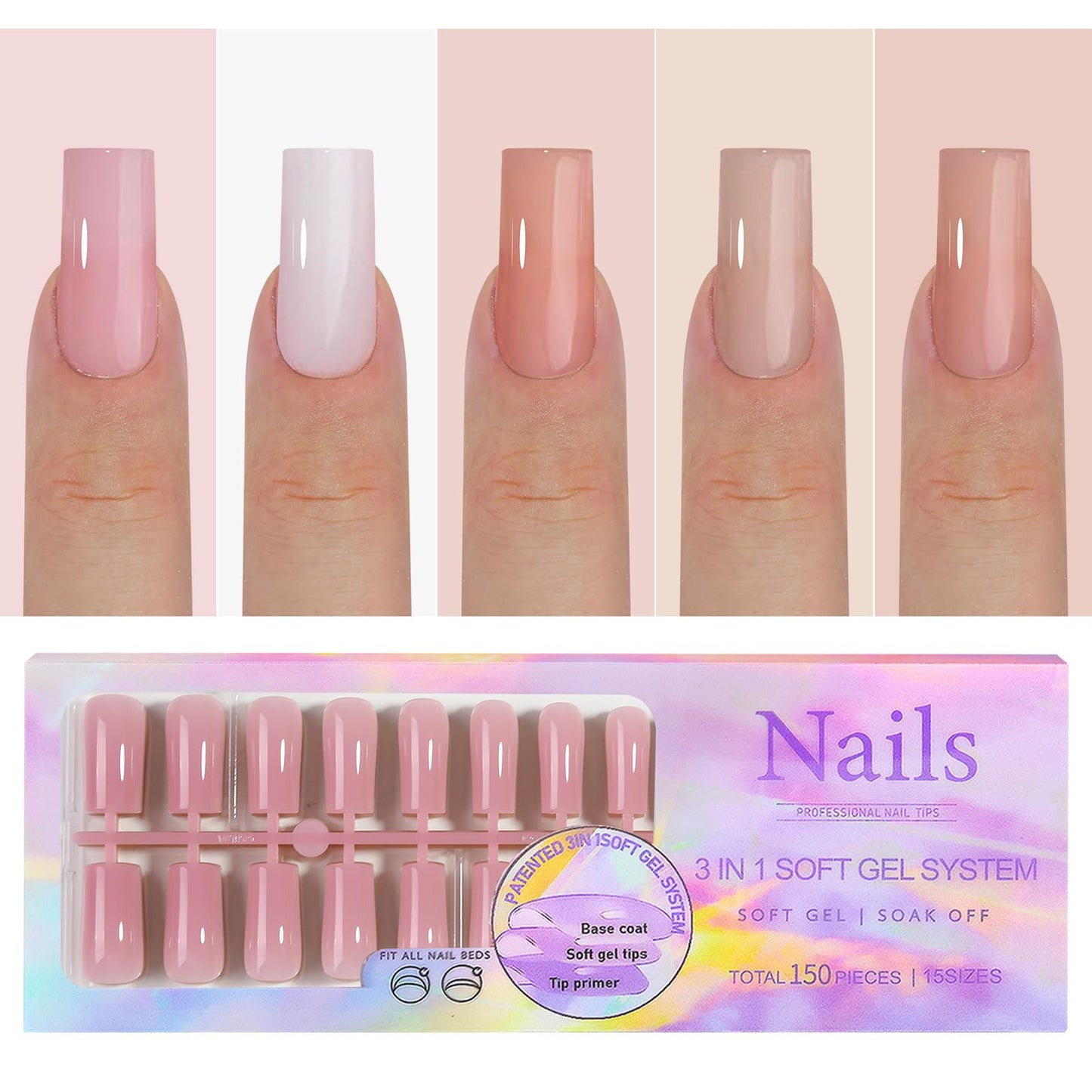 150Pcs Skin Tones Nude Press on Nails Long Square Fake Nails In15 Sizes 3 IN 1 Soft Gel Nail Tips Glossy Reusable Acrylic Nails No Need to File False Nails for Women Girls Manicure