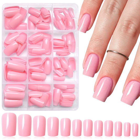 LoveOurHome 240pc Pink Press on Nails Medium Square Fake Nails Press ons Square Nail Tips Gel False Nails Colored Presson Artificial Fingernails & Glue Adhesive Tabs Women Girls Manicure Decor