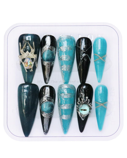 CAMILCY Press on Nails Handmade Nails Luxury Reusable Fake Nails For Girls long Almond Armor Tip Black Blue Diamonds HandPainted Salon Loveful Design Acrylic GelUV Finished 3D Nails 10PCS(A005, M)