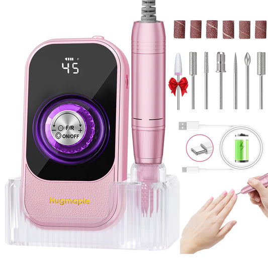 Professional Electric Nail Drill File, HUGMAPLE 45000RPM Portable E-File Machine with Bits & Base, Rechargeable Cordless Nail Drill Kit for Shaping, Removing & Polishing Gel Nails for Salon Home