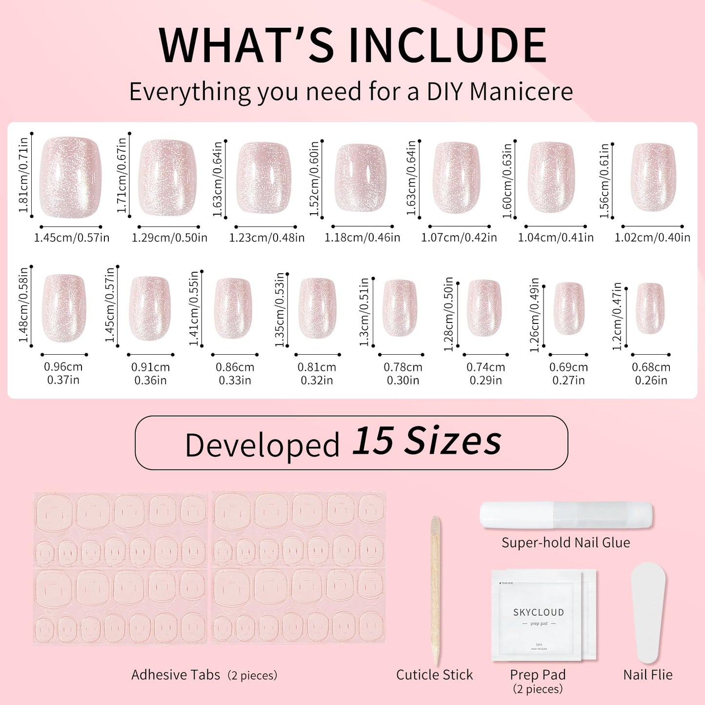 Moon White Cat Eyes Press On Nails,12 Sizes - 24 Pcs Soft Gel White Short Squoval Fake Nails Kit with Nail Glue, Natural Reusable Stick On False Nails for Women and Girls SK1064