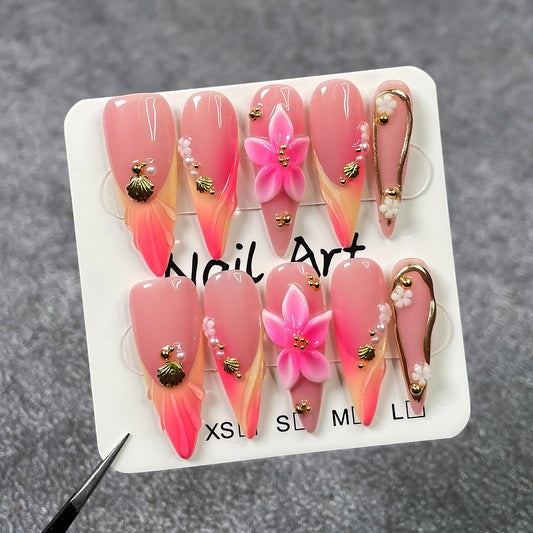 Handmade Press On Nails Almond Long Homemade Press On Nails French Tip With 3D Design Fake Nail Art For Women M