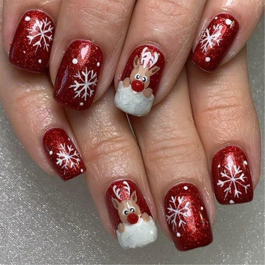 Christmas Red Press on Nails Medium Square Fake Nails Winter Xmas Glue on Nails Snowflake Elk Nails Press ons Glossy Stick on Nails Christmas Acrylic Nails for Women 24 Pcs