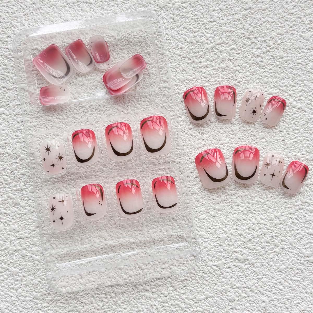 24pcs Gold Star Press On Nails Square Fake Nails Moon With Gradient Design Full Cover Acrylic Glue On Nails Short Stick On Nails For Women Reusable Nail Art Supplies