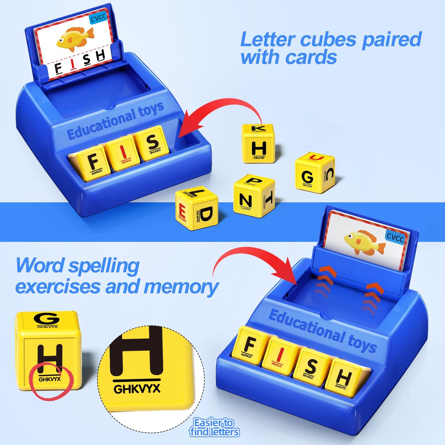 Montessori Matching Letter Game for Kids Ages 3-8 | Educational Learning Spelling Toys with Storage Function | Christmas Birthday Gifts for 3 4 5 6 Year Old Boys & Girls | Larger Blue (50% Bigger)