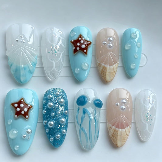 Threelegscat Summer Nails Handmade,Medium Almond Blue White Tropical Press on Nails with Starfish &jellyfish Design,Reusable &easy to Apply for Women Beach &daily Wear Size M10PCS