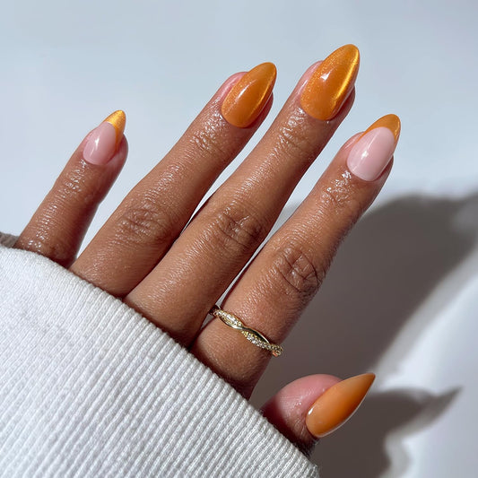 Glamnetic Press On Nails - Orange Short Almond Fake Nails with French Tips, Velvet Finish | Salon Quality Summer Nails | Orange Pop | 15 Sizes - 30 Nail Kit with Glue