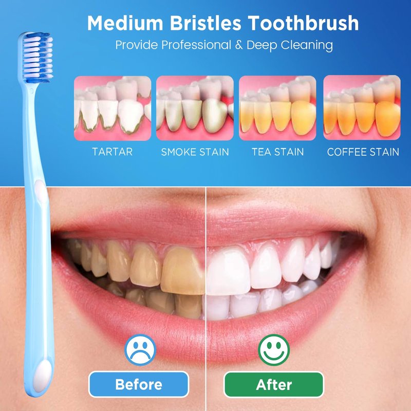 Frekare Medium Toothbrushes for Adults, Toothbrush Medium Bristles with Covers for Travel, Deep Plaque & Stain Removal, 6 Count