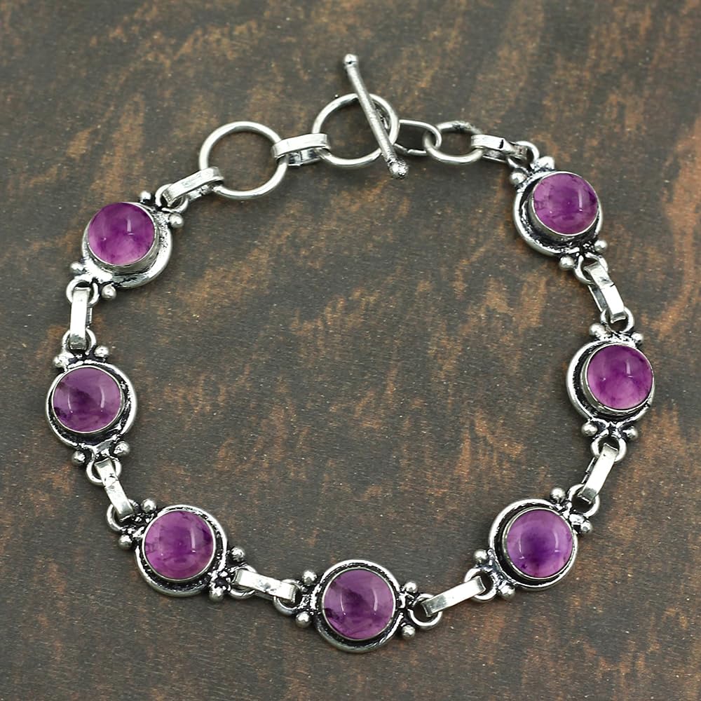 Natural Amethyst 925 Silver Plated Round Gemstone Adjustable Bracelet for Women - February Birthstone Bohemian Vintage Style Handmade Jewelry Bracelet - Gift for Her