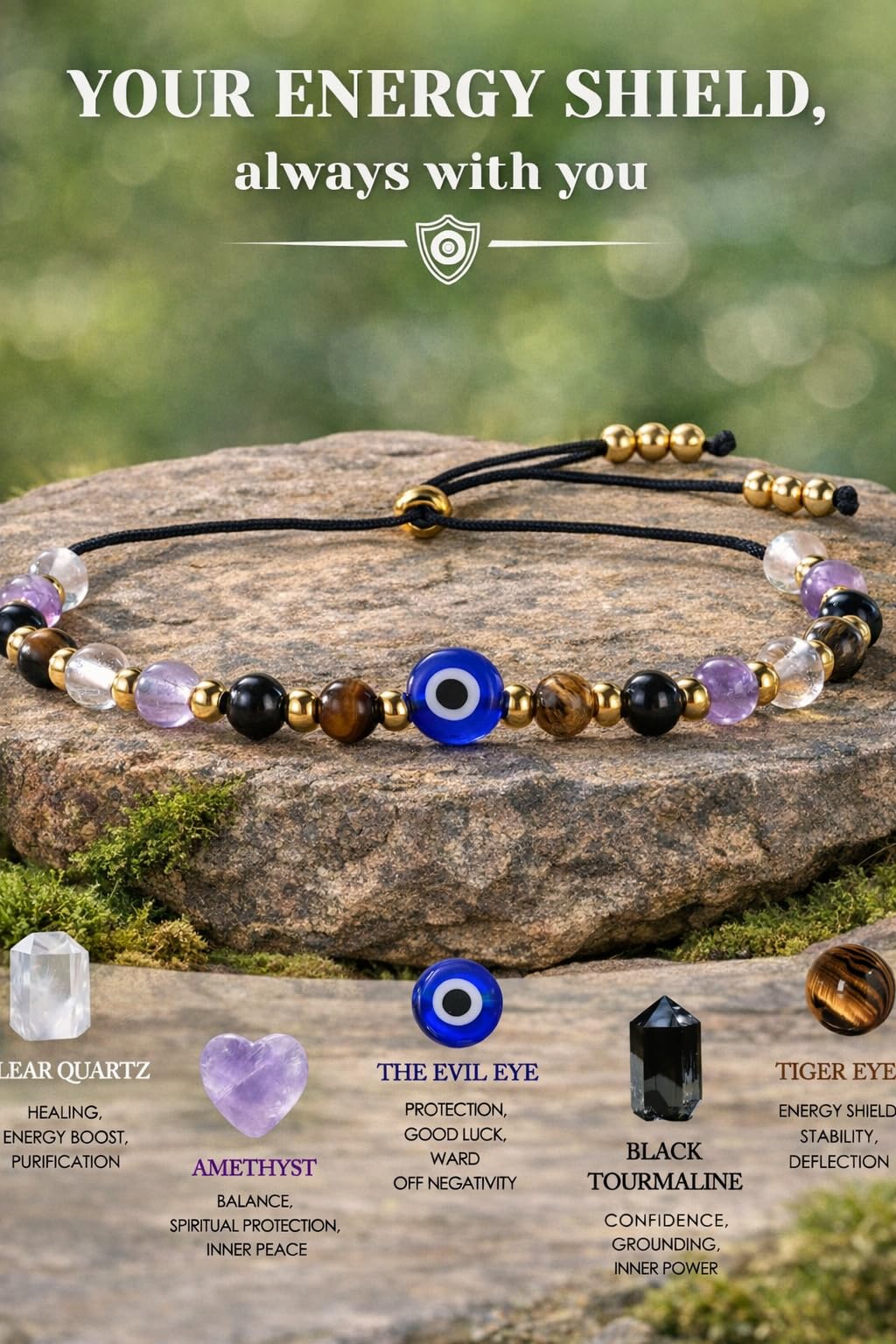 TUQBA Evil Eye Bracelet Healing Stones for Women Baptism Birthday Jewelry Clear Quartz, Amethyst, Tourmaline, Tiger Eye for Friend, Sister, Mom, Christmas Gift, Mothers Days Gifts
