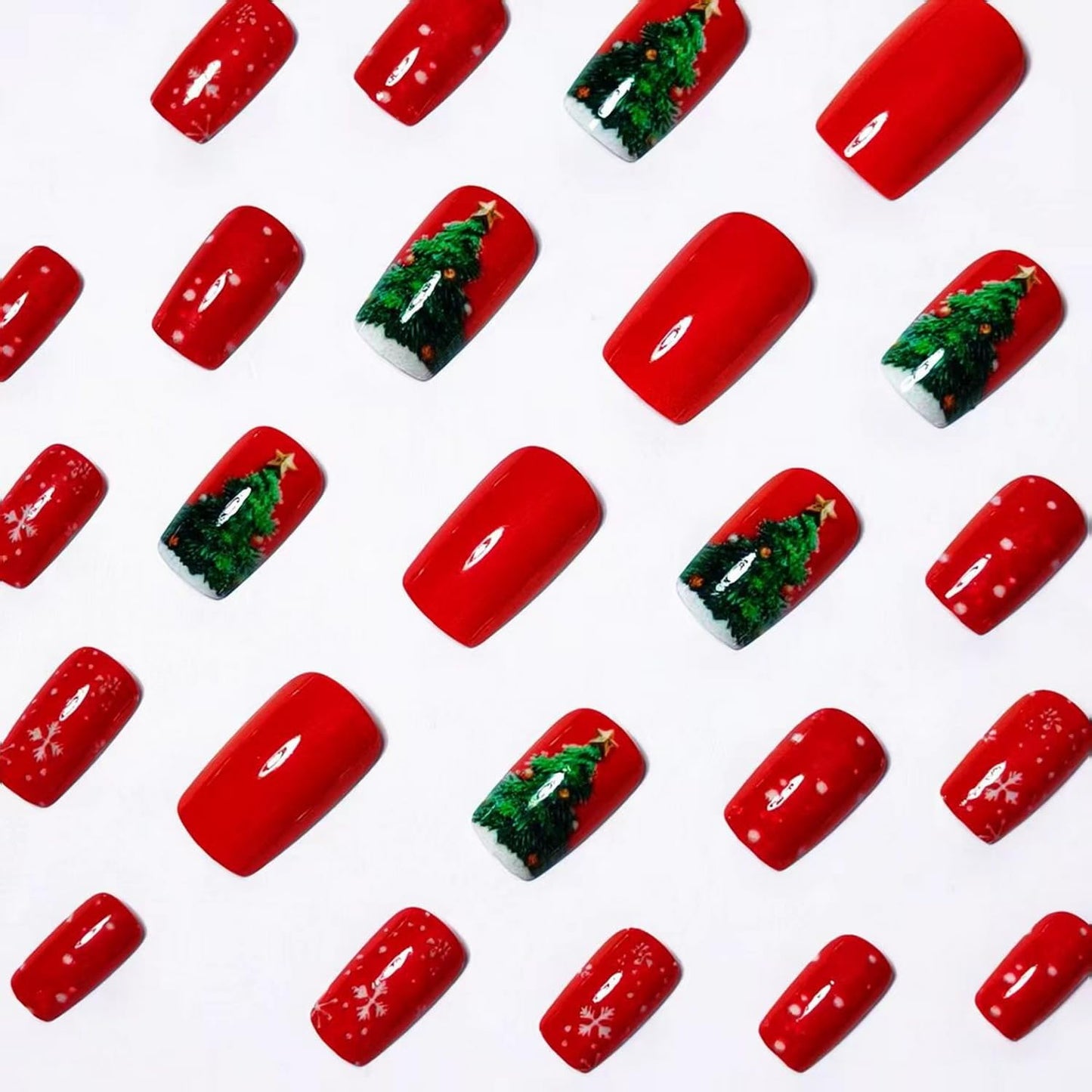 24pcs Christmas Press on Nail Red Fake Nails with Christmas Tree designs Acrylic Press ones Snowflake Stick on Nail Sqaure Glossy Holiday False Nails Reusable Gel Glue on Nails for Women Xmas Deocr聽