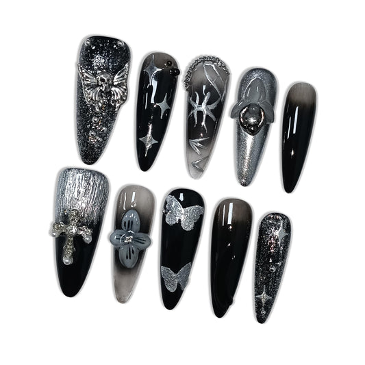 Hantyer Black Press on Nails with 3D Floral Carving, Skull & Cross Charms, Long Stiletto Glossy Punk Fake Nails, Reusable Edgy Gothic False Nails for Women Concert Night Party (Size S)